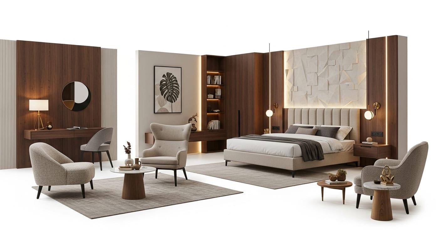 Custom hotel casegoods and upholstered seating on the workshop floor at the Foxboro, Massachusetts shop