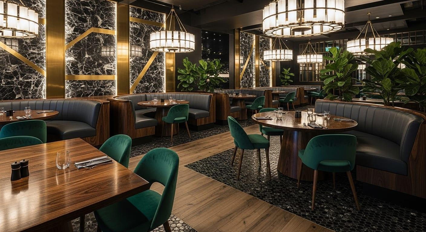 Custom commercial restaurant seating with wood dining chairs and upholstered banquettes by DMD Furnishing
