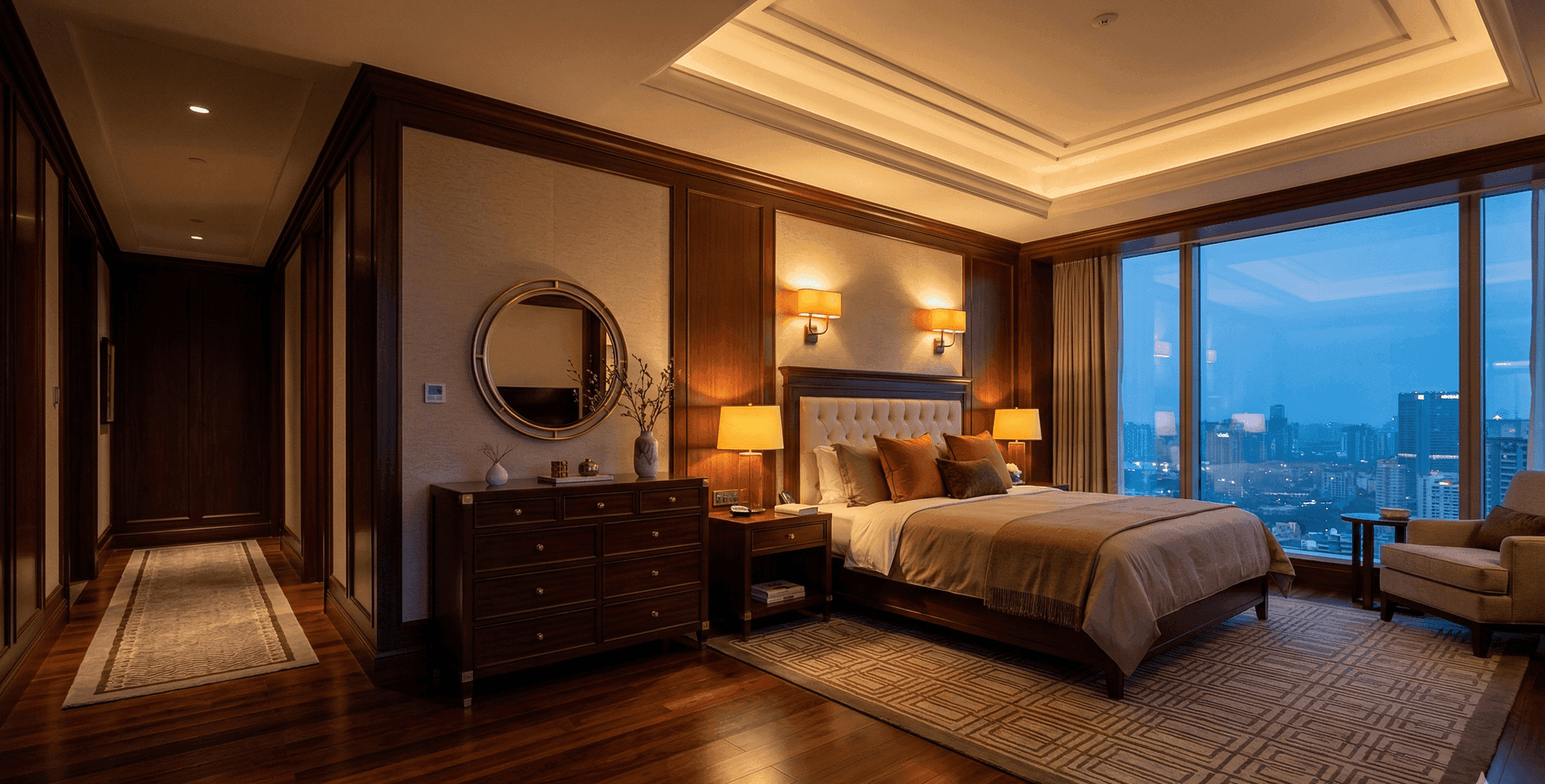 Hotel guestroom furnished with custom FF&E: upholstered headboard, casegoods, lounge seating, and decorative lighting