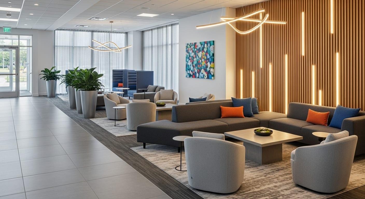 Modern hotel lobby social lounge with custom lounge chairs and occasional tables manufactured by DMD Furnishing
