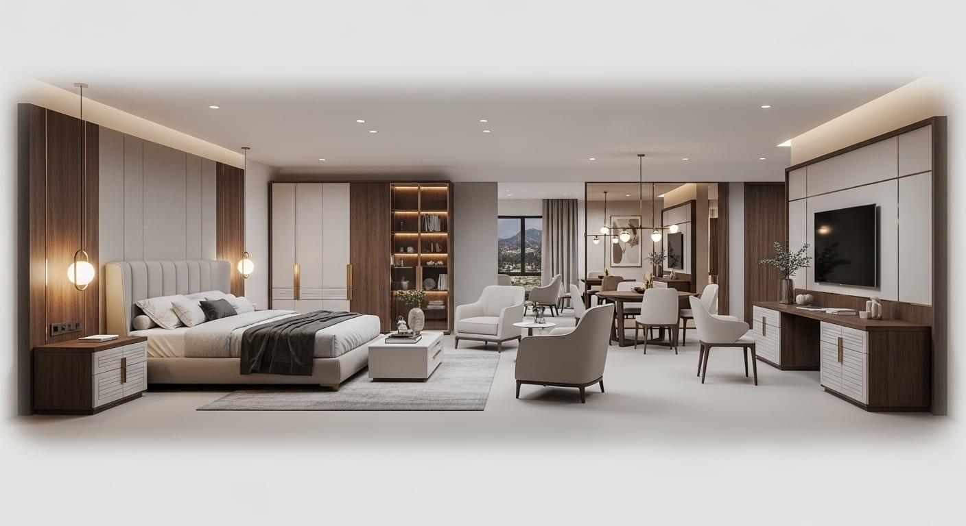 Hotel suite casegoods with matched finishes: wardrobe, nightstand, TV media panel, and display shelving