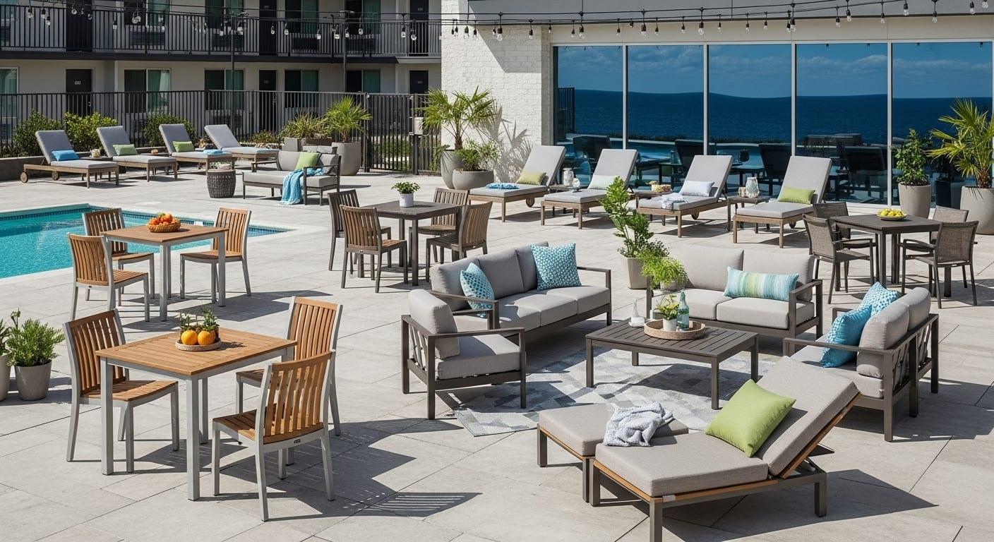 Commercial outdoor patio furniture with powder-coated frames for hotel and restaurant terraces by DMD Furnishing