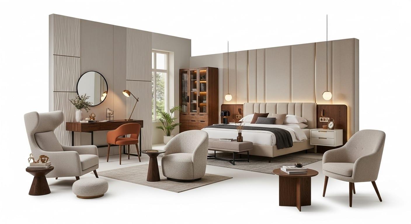 DMD Furnishing custom hotel guestroom casegoods with HPL desks and upholstered headboards in a Foxboro Massachusetts project