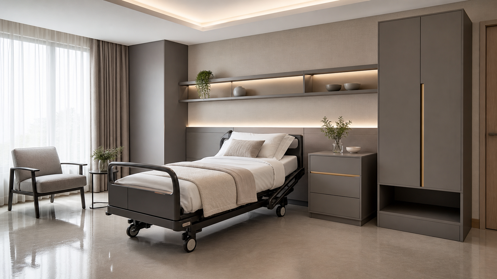 Healthcare patient room casegoods including bedside cabinet and wall-mounted shelving in HPL finish with sealed edges
