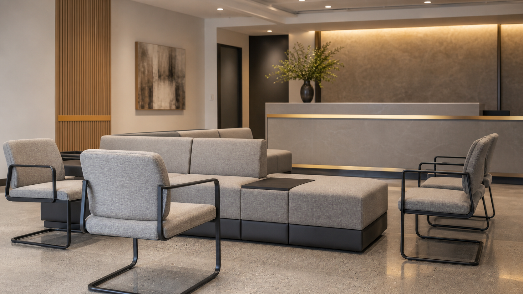 Healthcare waiting area with cleanable upholstered seating and open-base chair frames on polished concrete floor