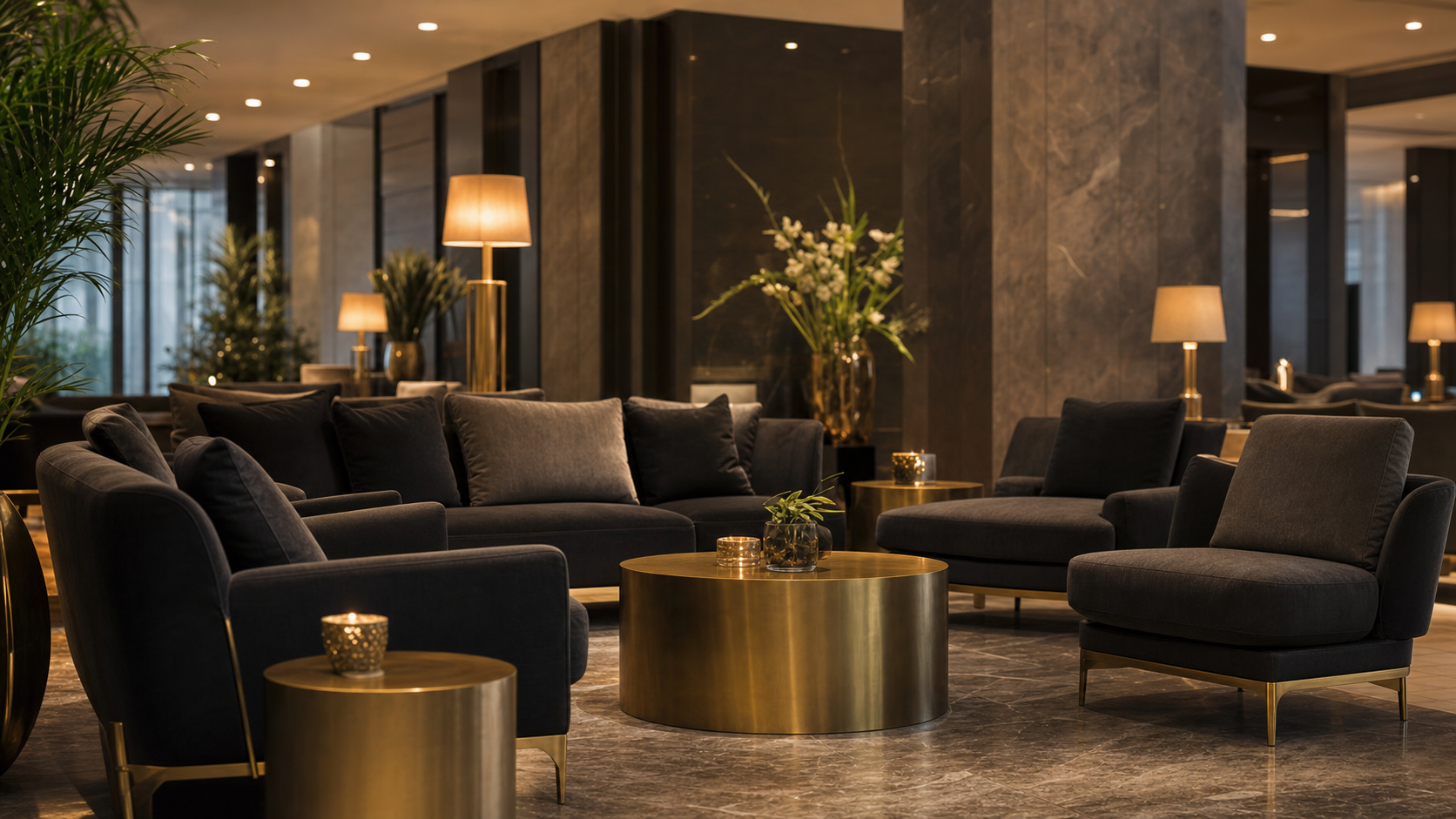 Hotel lobby seating area with lounge sofas, club chairs, and brass accent tables in warm ambient lighting