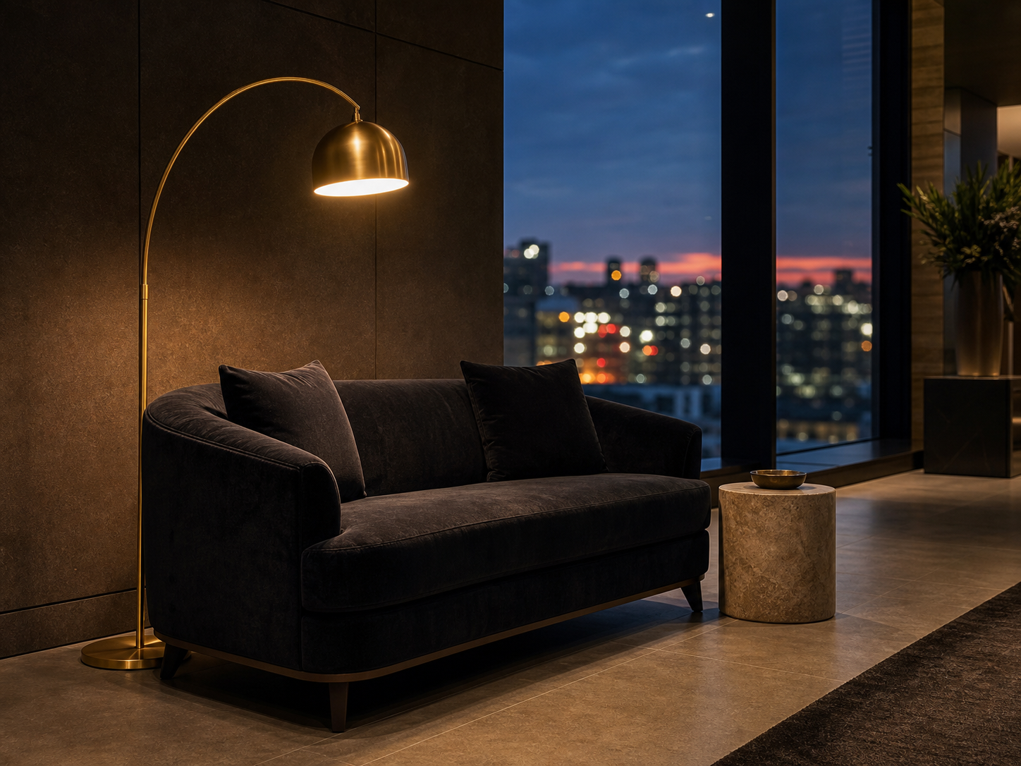 Hotel lobby statement lounge corner with dark sofa, brass floor lamp, and stone side table at dusk