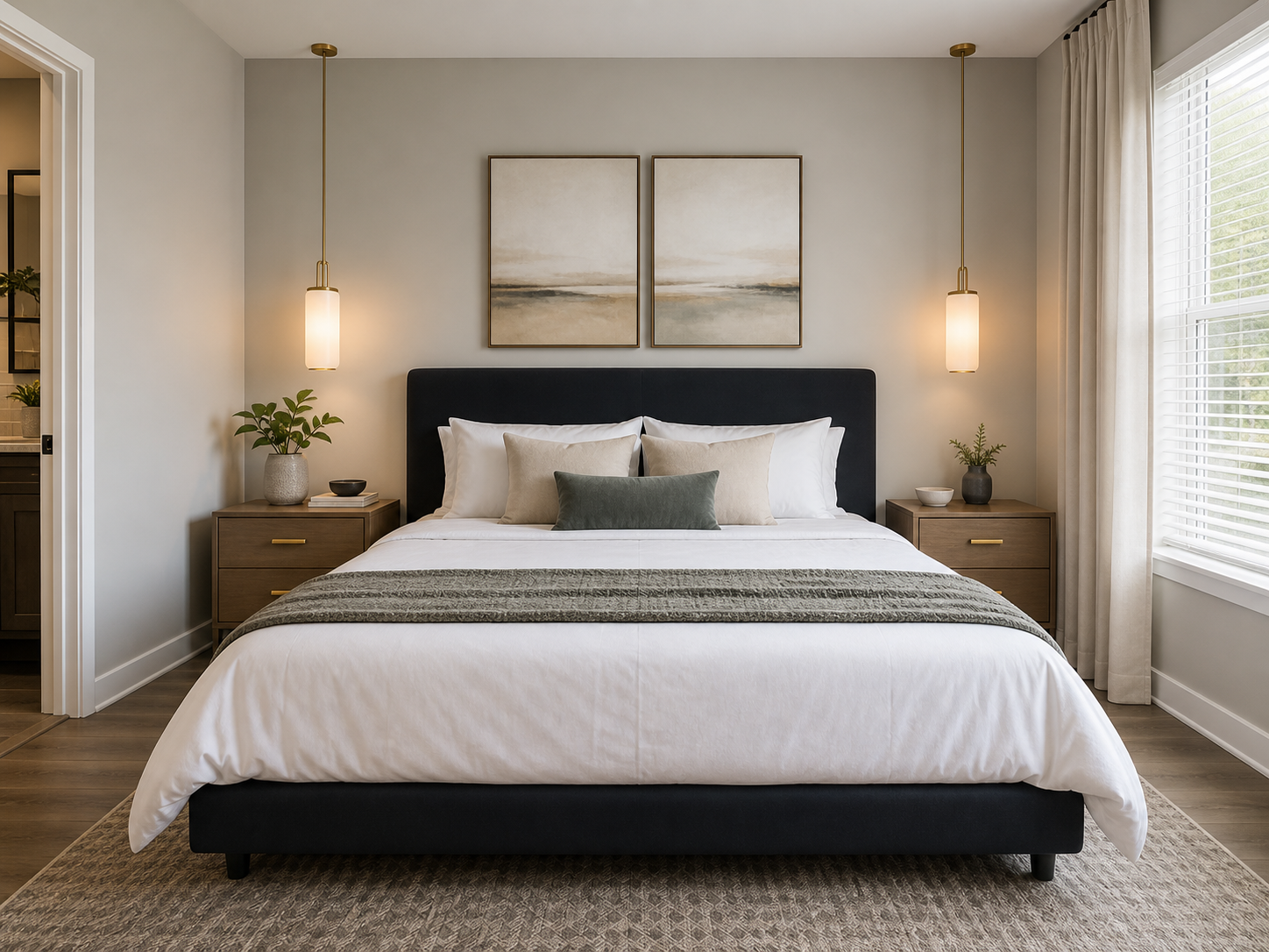 Fully furnished multifamily apartment bedroom with dark charcoal upholstered platform bed and brass hardware dressers