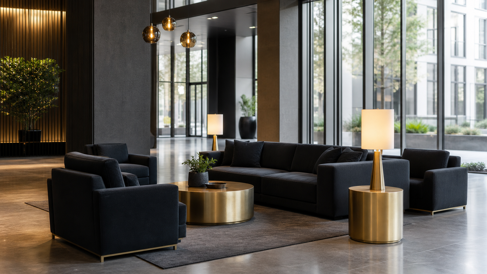 Modern multifamily apartment lobby with contract-grade lounge seating in dark charcoal and brass accent tones