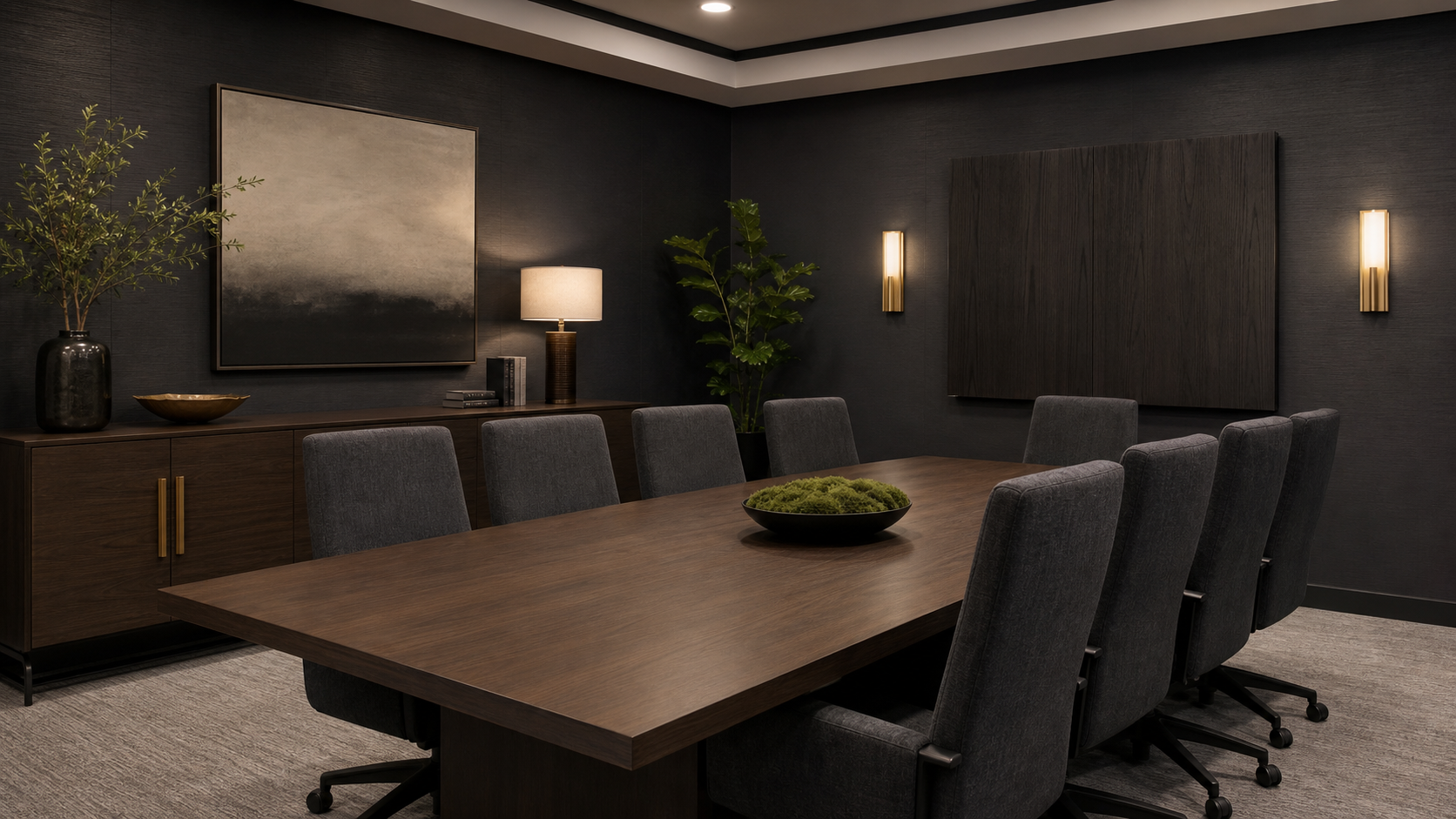 Commercial office conference room with rectangular wood-veneer table, upholstered meeting chairs, and brass hardware details