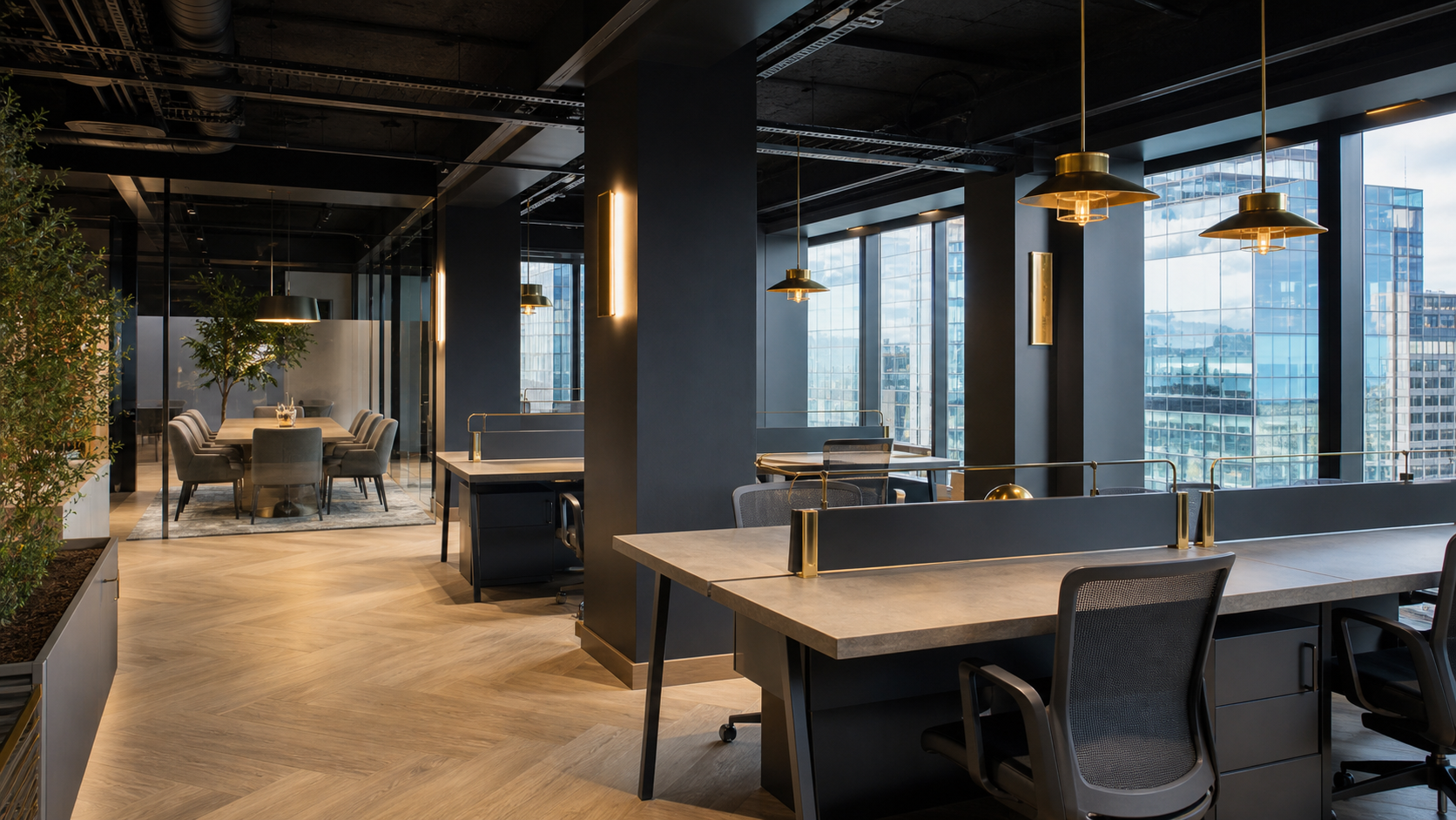 Commercial open-plan office fit-out showing task seating, work surfaces, and conference zone in a dark charcoal and brass-accented palette