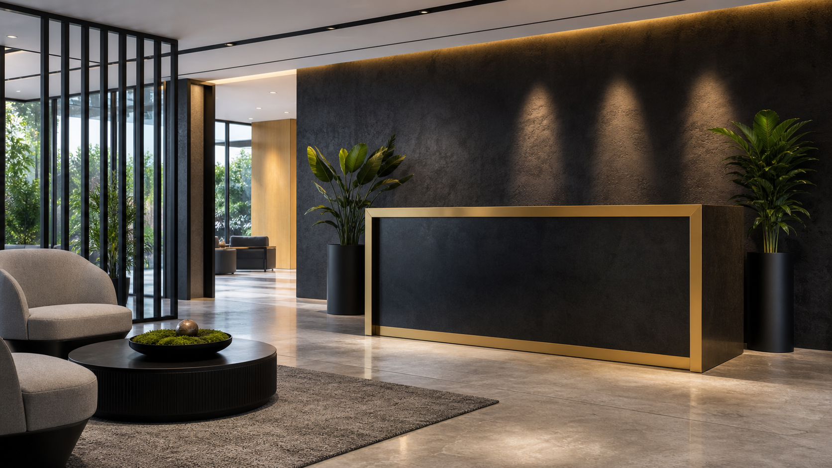 Commercial office reception area with upholstered lounge seating and a dark-finished reception desk with brass hardware accents