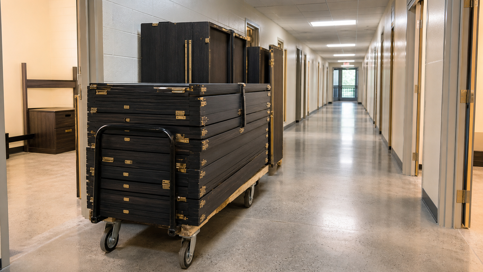 University residence hall corridor during summer furniture installation, casegoods stacked and ready for room placement