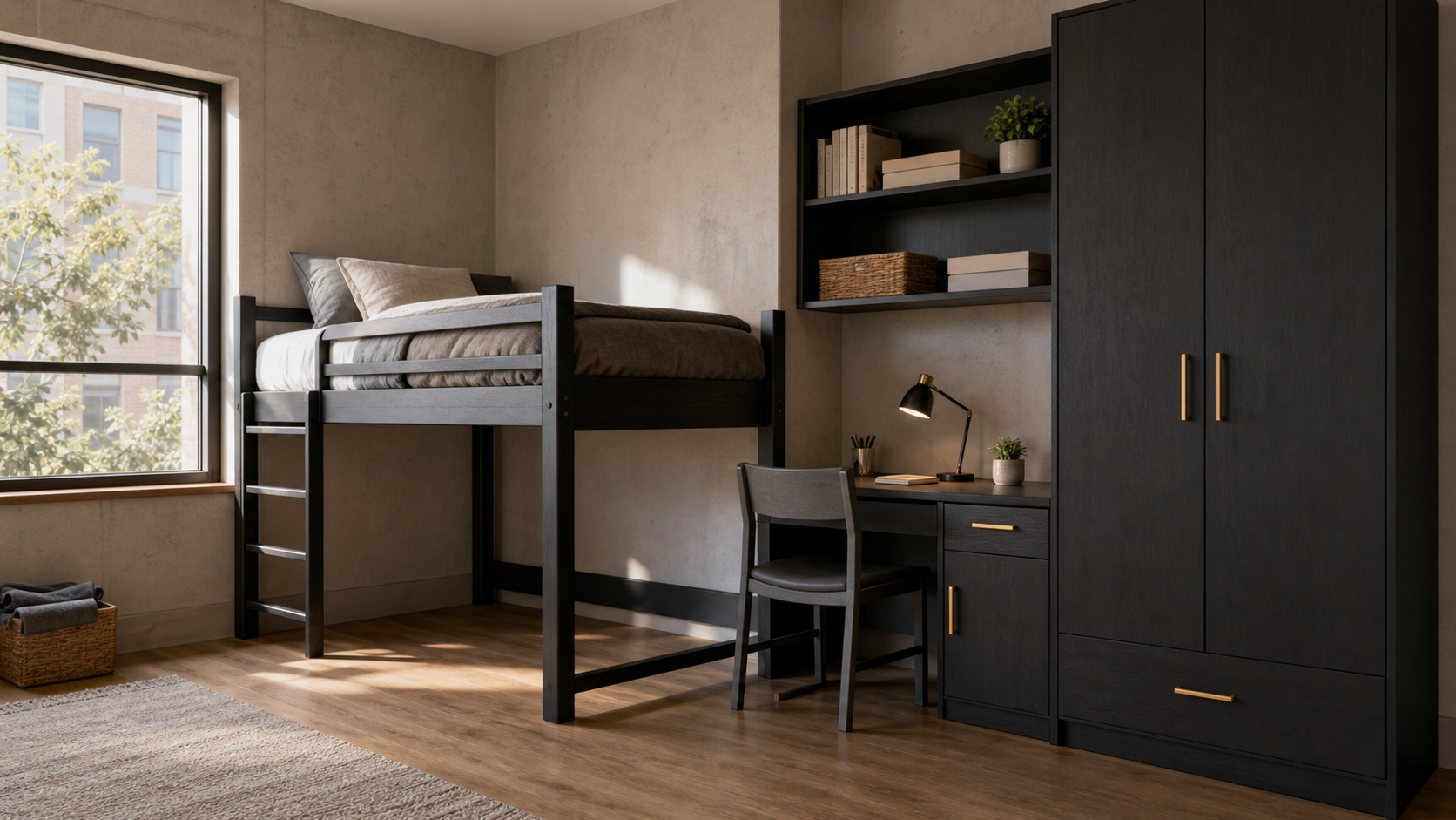 Furnished student dormitory room with loftable bed, integrated desk, and wardrobe in dark wood casegoods