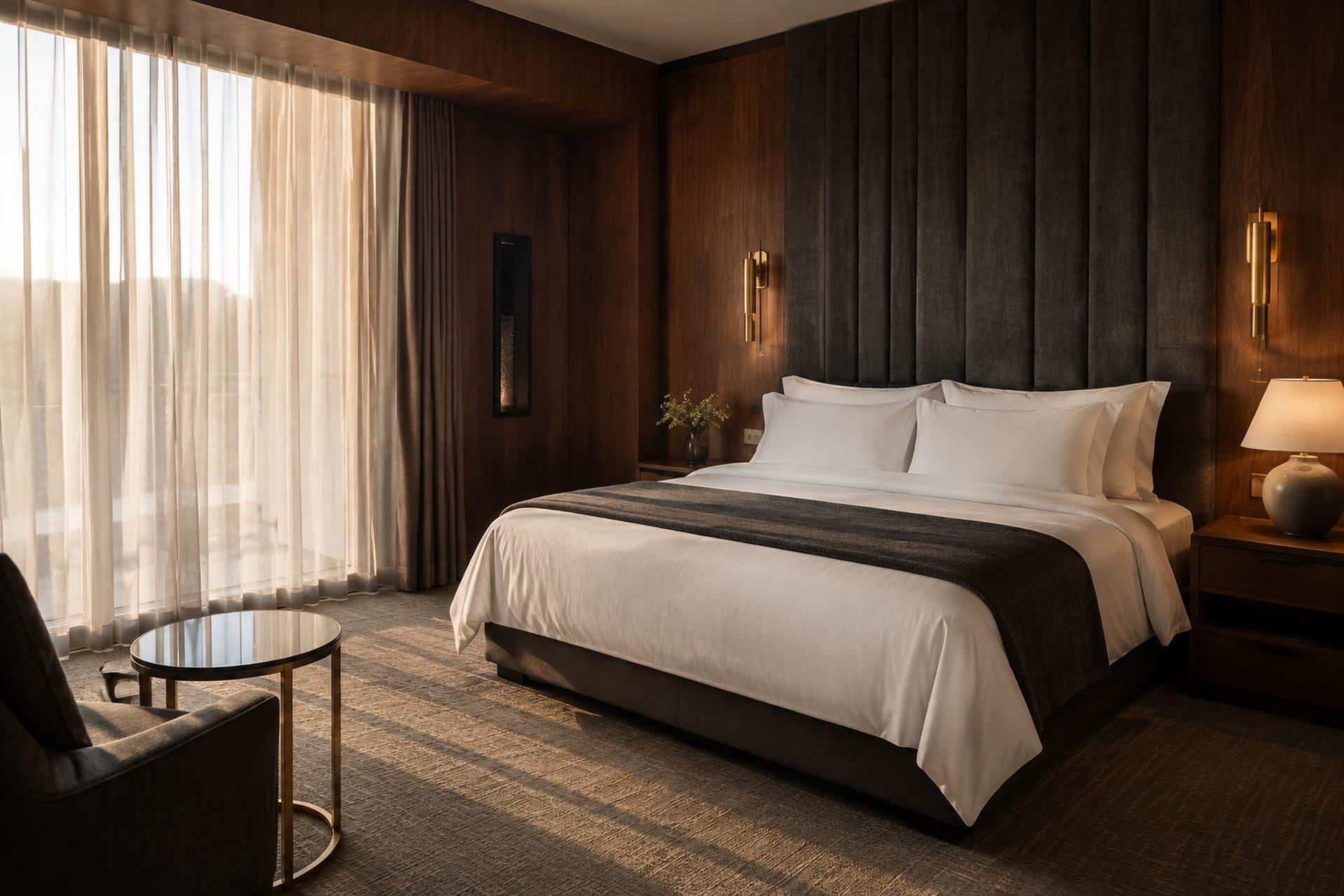 Hotel king guestroom with custom walnut casegoods, channel-tufted upholstered headboard wall and brass reading sconces by DMD Furnishing