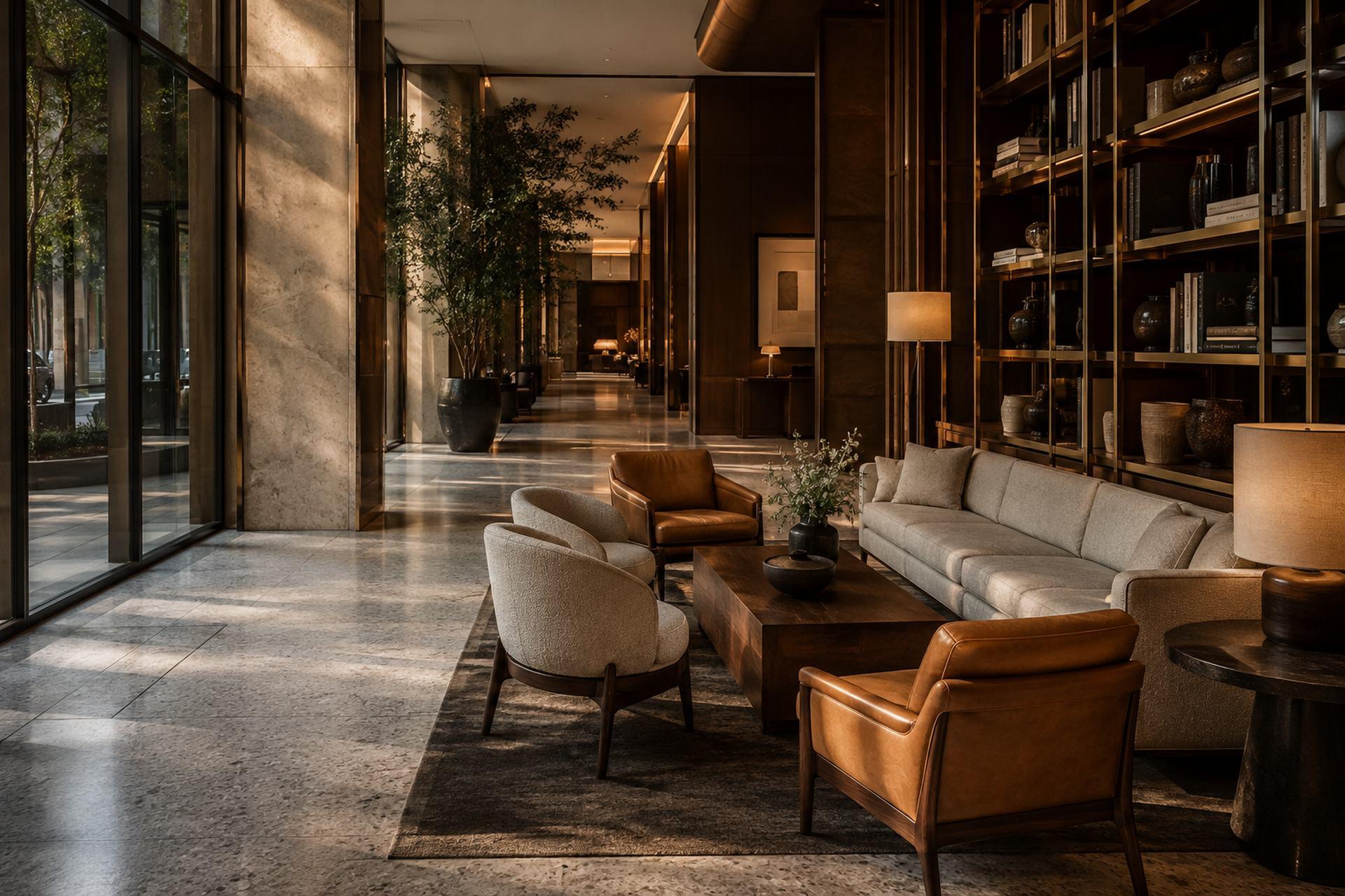 Hotel lobby social lounge with custom boucle and cognac leather lounge chairs around a solid walnut cocktail table by DMD Furnishing
