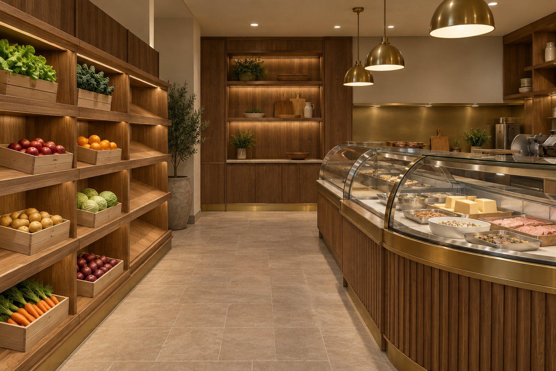 Walnut and oak produce shelving and deli display counter millwork by DMD Furnishing