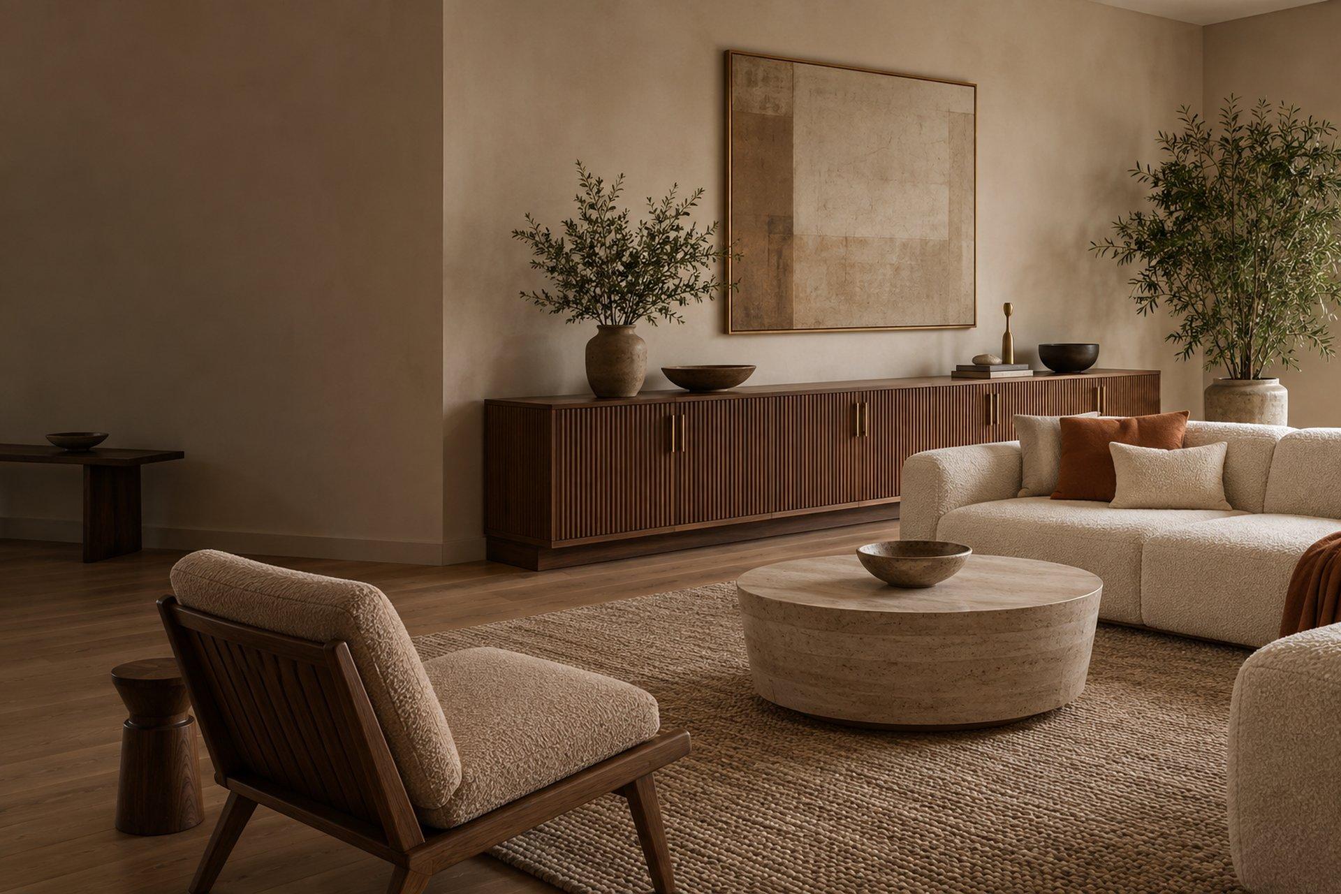 Living room with walnut media wall, boucle sofa, and round stone coffee table by DMD Furnishing