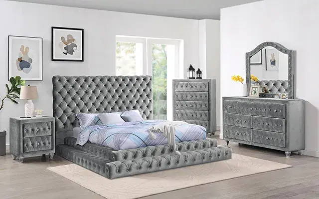 Glam Gray Queen Bedroom Set (Stefania) — Bed Frame, view 4