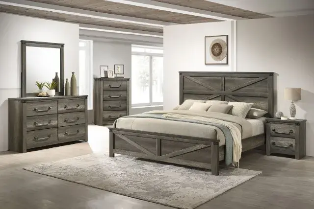 Queen Bed + NS +Dresser + Mirror Rustic Farmhouse Bedroom Set — Bed Frame, view 4