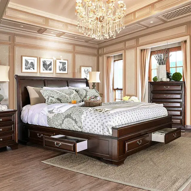 Transitional Brown Cherry Queen Bedroom Set — Bed Frame, view 4
