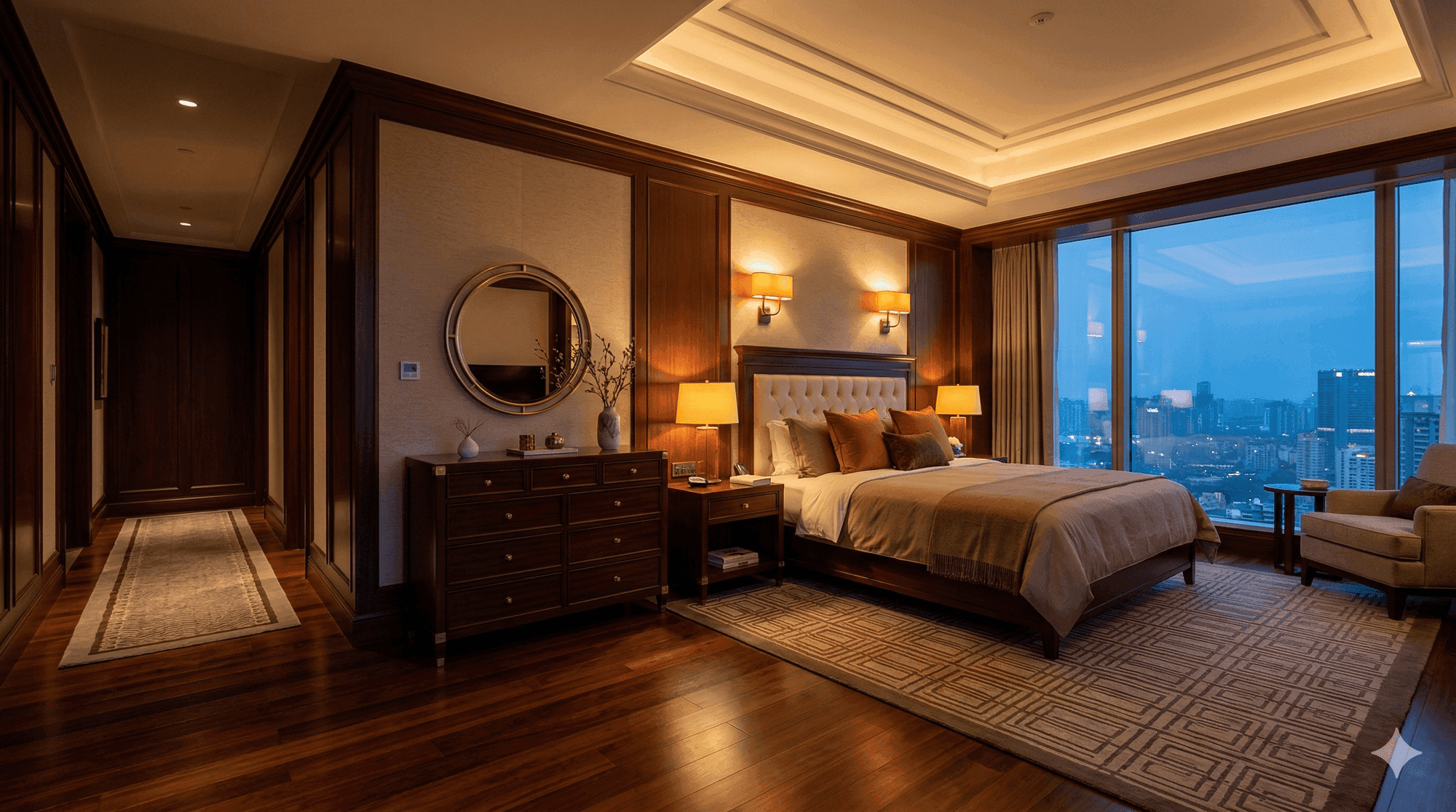 Luxury hotel guestroom with custom casegoods, upholstered bed, and dresser, commercial furniture by DMD Furnishing