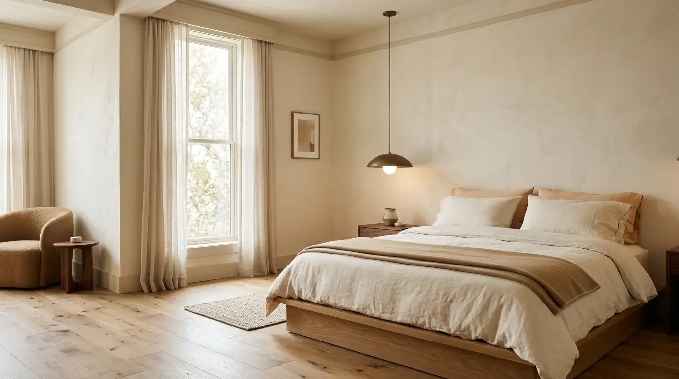 Quiet oak and cream guestroom interior with low platform bed, ivory linens, and a single matte bronze pendant — a Modern Minimalist DMD Furnishing concept