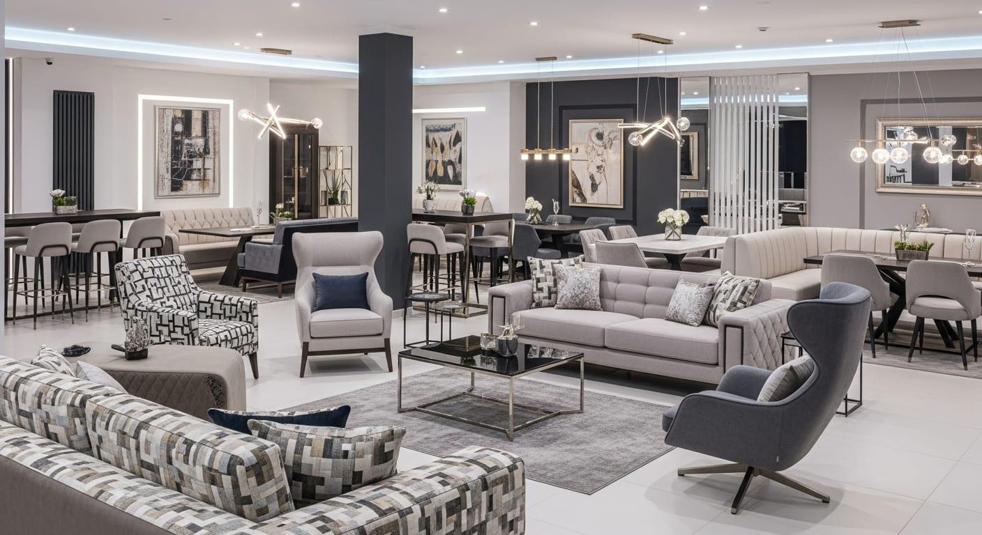 Commercial furniture showroom with sofas, lounge chairs, dining sets, and bar seating on display